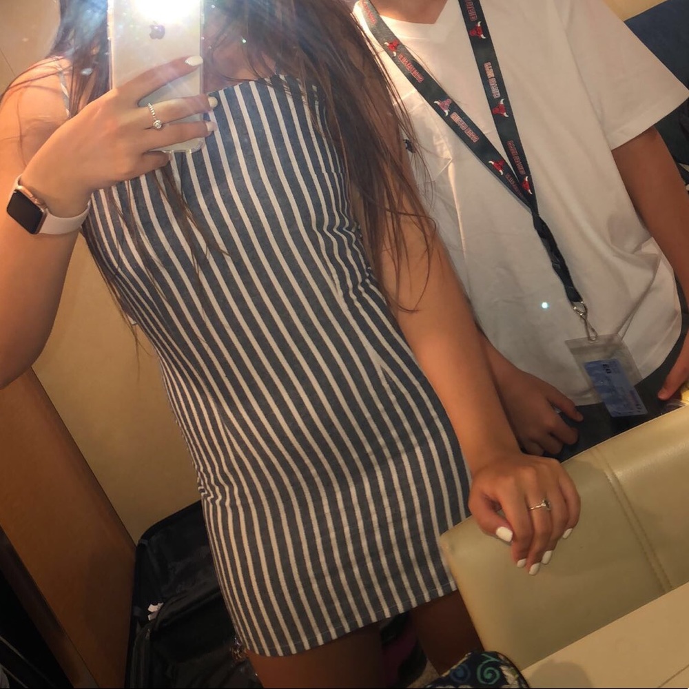 White and Blue/Grey Striped Dress